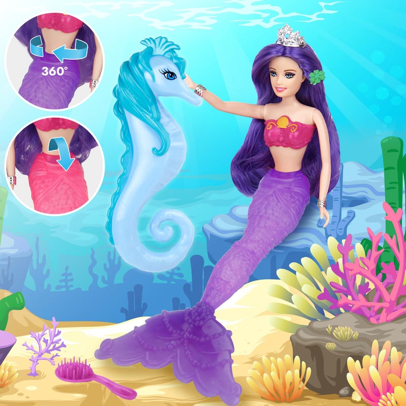 BETTINA Color Change Mermaid Doll Playset, Mermaid Princess Doll with Color-Changing Tail, Mermaid Toys with Seahorse & Accessories, Purple Hair - Image 5